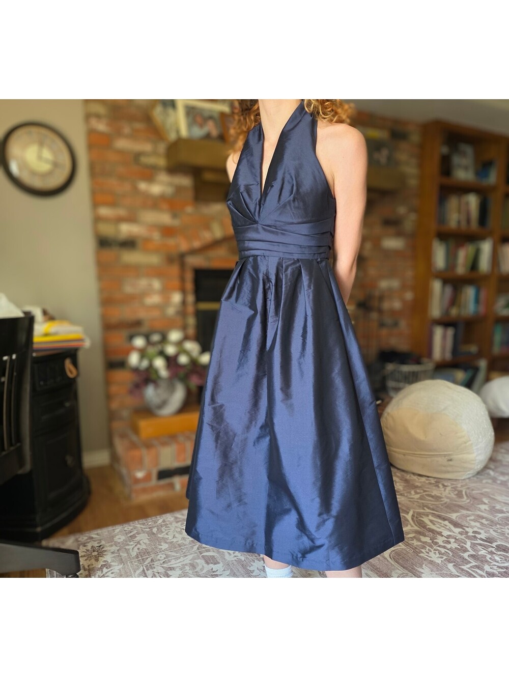 Donna Karan New York Navy Blue Silk Halter Midi Cocktail Dress NWT Size 2P